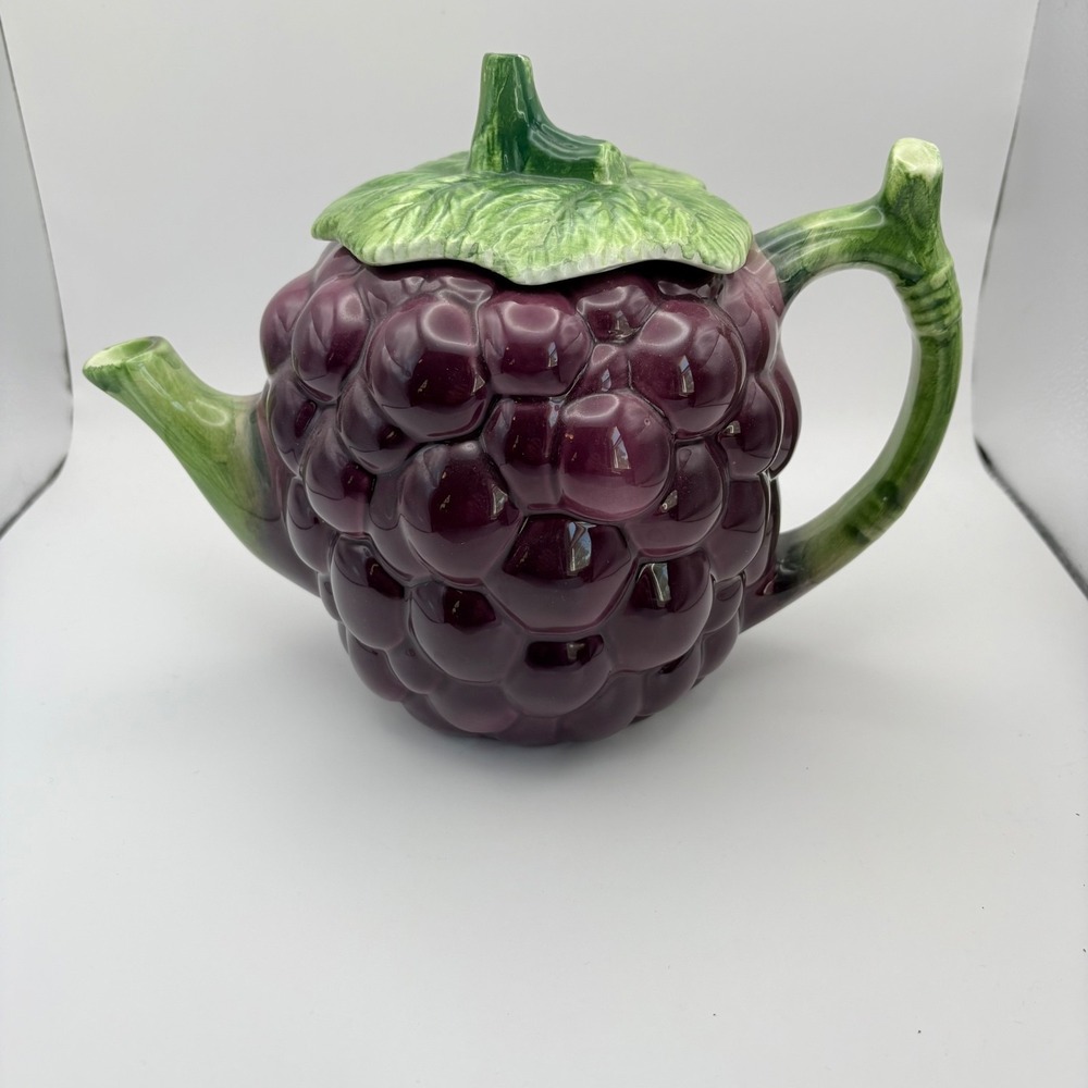 Vintage Ceramic Grape Cluster Pitcher Purple Made in Italy Small Chips on Lid